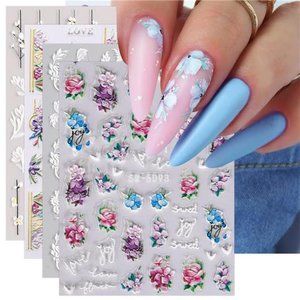 4 sheets✦🌻3D Embossed Spring Flower Nail Art Stickers Decals Self-Adhesive